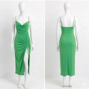 ZARA Green Ruched Midi Dress Bodycon Cowl Neck Side Slit Viral SS22 Medium SZ M